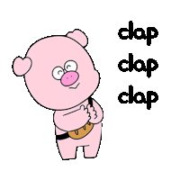 a cartoon pig is holding a purse and claps his hands .