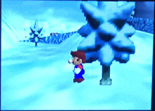 a video game shows a character standing in the snow near a tree