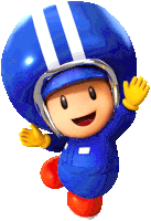 a cartoon character wearing a blue and white striped helmet