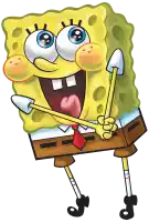 a cartoon of spongebob holding a stick with his tongue out