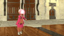 a girl in a pink outfit is standing on a wood floor