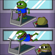 a cartoon of a frog running on a treadmill and another frog looking at it