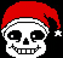 a pixel art of a skull wearing a santa hat on a black background .