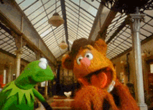 kermit the frog and fozzie bear from sesame street are standing next to each other in a building .