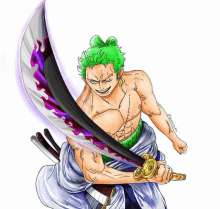 a drawing of a man with green hair holding a large sword with purple flames