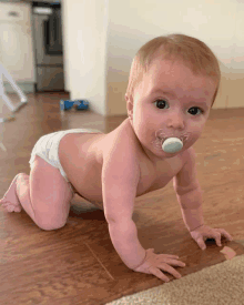 a baby with a pacifier in his mouth is crawling