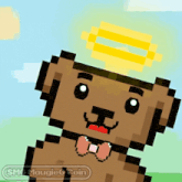 a pixel art dog with a bow tie and a halo on its head