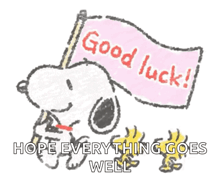 snoopy is holding a flag that says good luck