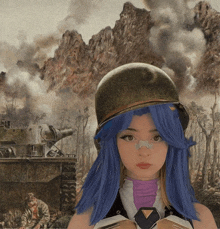 a girl with blue hair is wearing a helmet in front of a painting