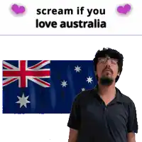 a man with glasses stands in front of an australian flag and says scream if you love australia