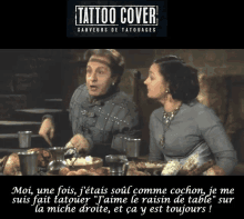 a poster for tattoo cover showing two women sitting at a table talking