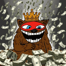 a cartoon of a bear wearing a mask and a crown is surrounded by money