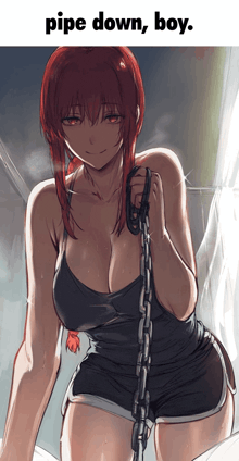 a woman with red hair is holding a chain around her neck and the caption pipe down boy
