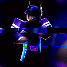 a cartoon character with the name uzi on the bottom