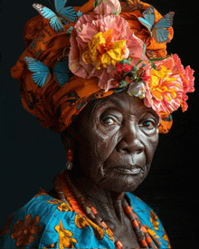 a woman wearing a turban with flowers and butterflies on her head