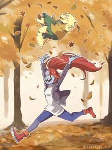 a cartoon of a girl jumping in the air with leaves falling around her and the letters torotoro on the bottom