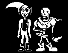 a black and white pixel art drawing of a boy and a skeleton standing next to each other .