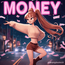 a girl with a ponytail is dancing in front of a neon sign that says money