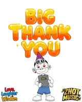 a cartoon monkey is standing in front of a sign that says " big thank you "