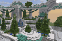 a minecraft landscape with trees and a fountain in the middle