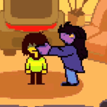 a pixel art drawing of a woman standing next to a boy .