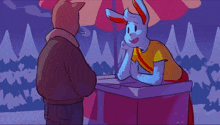 a cartoon of a cat and a rabbit talking to each other at a carnival .