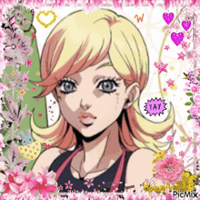 a picture of a girl with flowers and hearts around her and the words yay on her face