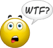 a smiley face with a speech bubble that says `` wtf '' .