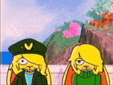 two cartoon rabbits are standing next to each other with one wearing a hat with a v on it