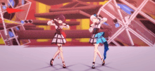 two anime girls are dancing on a stage with a colorful background