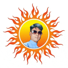 a man wearing sunglasses is surrounded by a sun