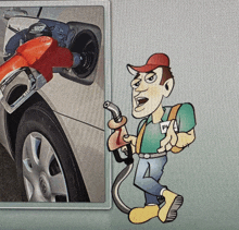 a cartoon of a man pumping gas into a car with the letter p on his shirt