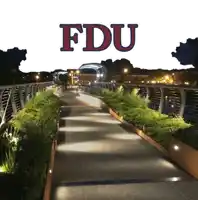 the word fdu is on a white background above a bridge