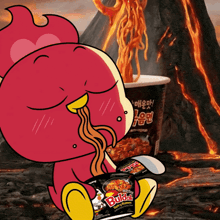 a cartoon character is eating a packet of buldak noodles