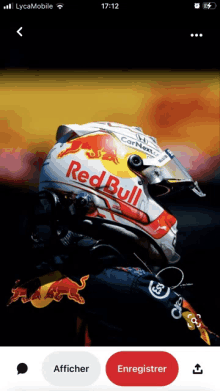 a red bull helmet is shown on a cell phone screen