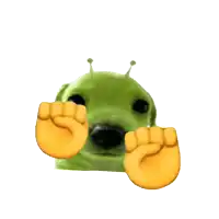 a green dog with a yellow fist in front of its face