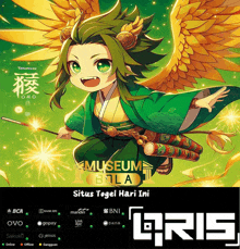 a poster for museum bola shows a girl with green hair and golden wings