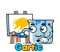 a cartoon drawing of a bucket of paint crying with the word gartic below it
