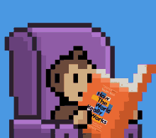 a pixel art monkey reading a book titled how the world really works