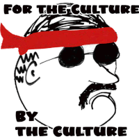 a drawing of a man wearing sunglasses and a red headband with the words for the culture by the culture below it