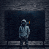 a man wearing a hoodie and a mask stands in front of a large number 0