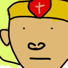 a cartoon drawing of a man wearing a yellow headband with a red cross on it