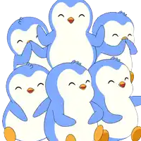 a group of blue and white penguins are stacked together