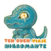 a drawing of a dinosaur with the words " ten buen viaje nigromante " on the bottom