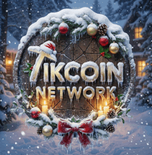 a sign that says " ikcoin network " with a christmas wreath around it