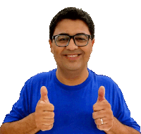 a man wearing glasses and a blue shirt giving a thumbs up