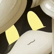 a close up of a cartoon character 's face with a yellow and black stripe .