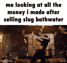 a woman is throwing money in the air in a room .
