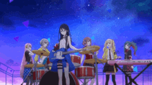 a group of anime girls are playing drums and a girl is holding a guitar