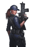 a female police officer is holding a gun and wearing a hat that says polis on it